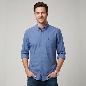 Men's Preppy Blue Button-Up Shirt Geometric